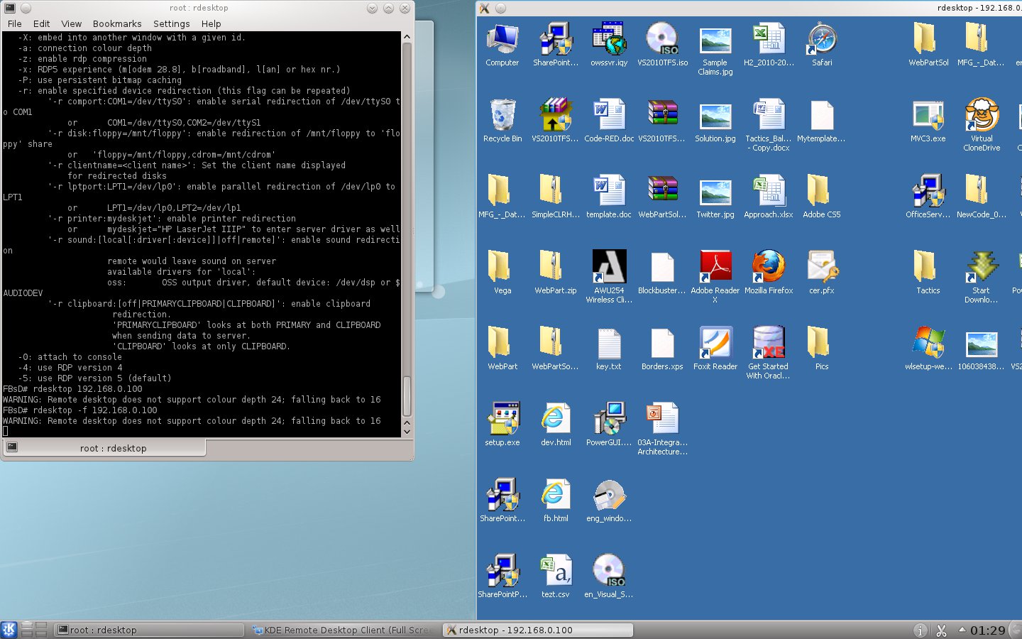 Support colour. Kde2 FREEBSD. Rdesktop. Rdesktop Windows. Rdesktop Linux.